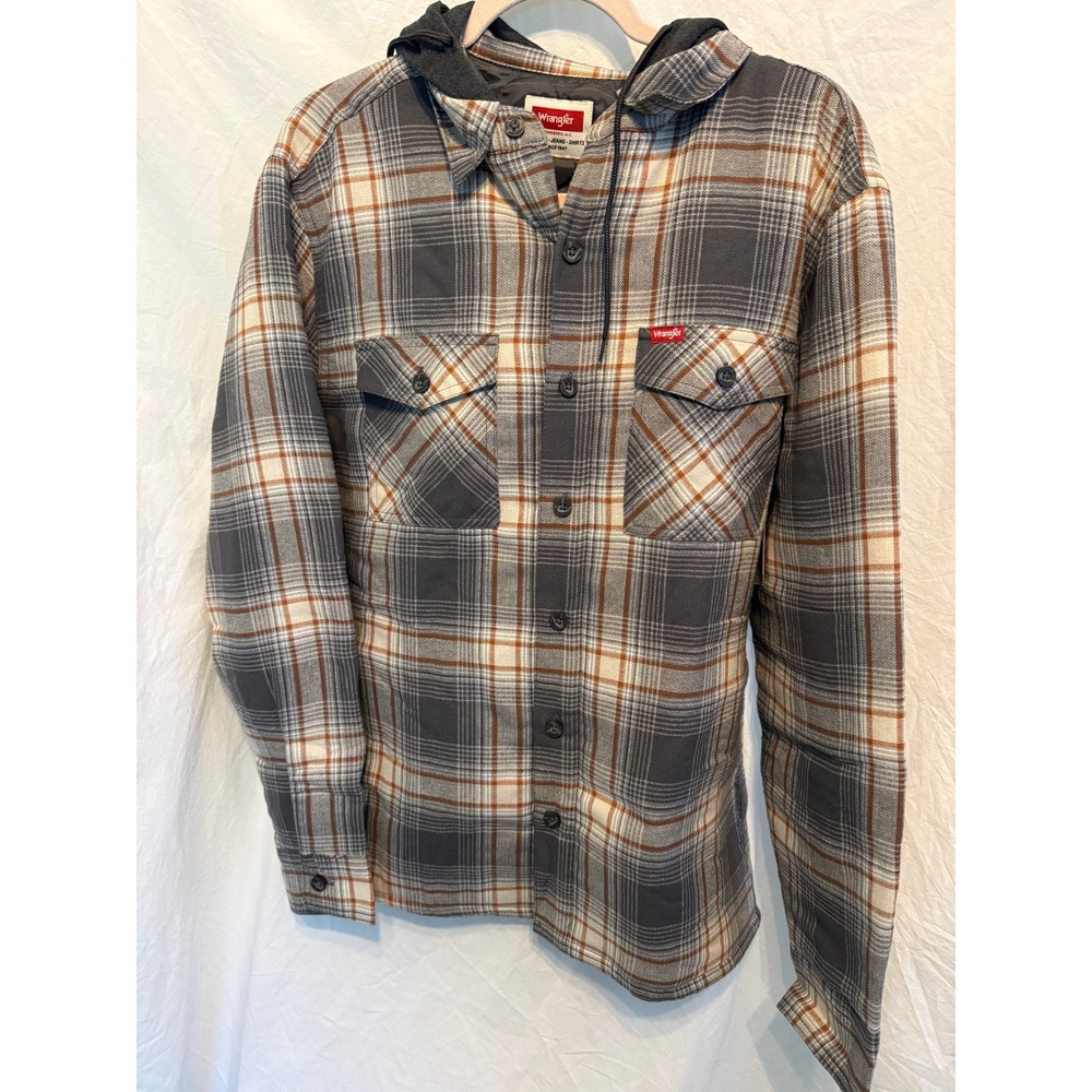 Wrangler Mens Plaid Hooded Shirt Jacket Gray Orange Quilted Lined Flannel Small